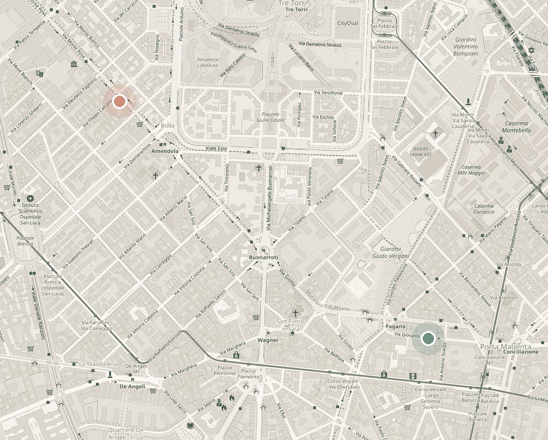 Mappa di Milano con i due studi: Via Monte Rosa 61 e Via Giovanni Rasori 9